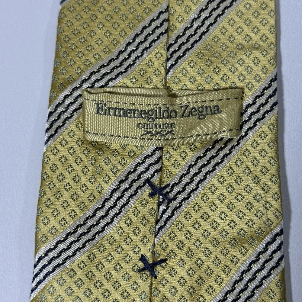 Ermenegildo Zegna Couture Silk Tie Yellow Gold Geometric Stripe Italian Mens